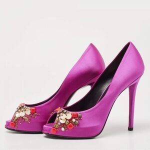 Roger Vivier Fuchsia Satin Embellished peep
toe 4.5” Heels incl  .5” platform